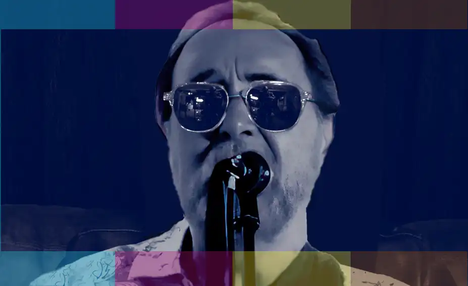 Chris Dent guitarist picture in a duo tone - dark blue and black