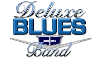 deluxe blues band logo icon - chrome words Deluxe in a script with a dark blue embosses Blue heavy square type and a car styled v embossed logo with the word band also in a chrome script