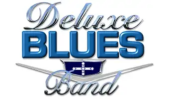 deluxe blues band logo - chrome words Deluxe in a script with a dark blue embosses Blue heavy square type and a car styled v embossed logo with the word band also in a chrome script