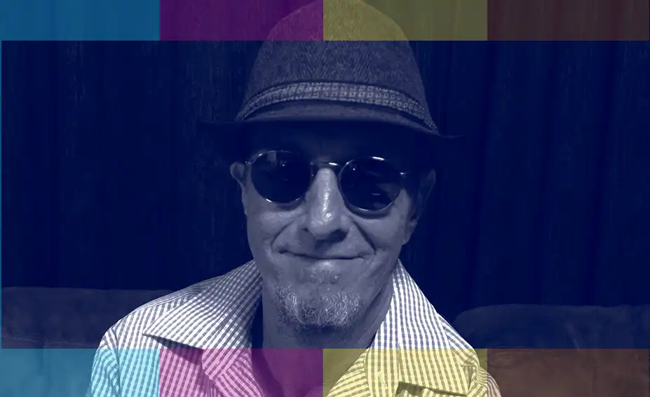 Greg Lindner drummer picture in a duo tone - dark blue and black