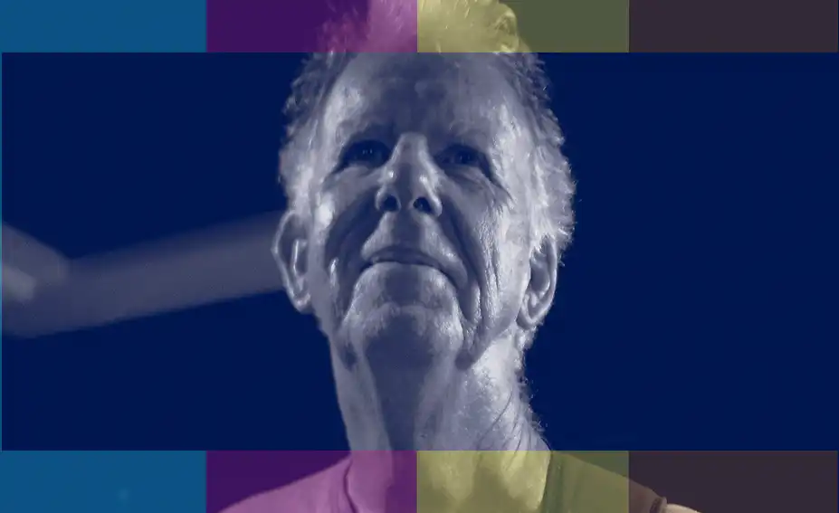 Tim Finnigan - bass player picture in a duo tone - dark blue and black