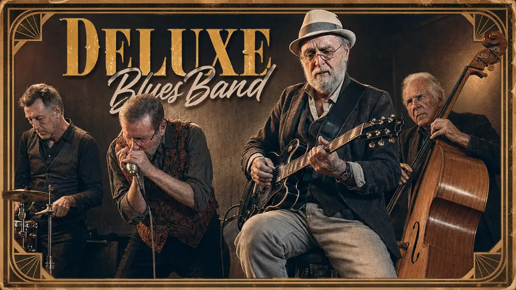 hero Deluxe Blues Band on stage image in sepia tones