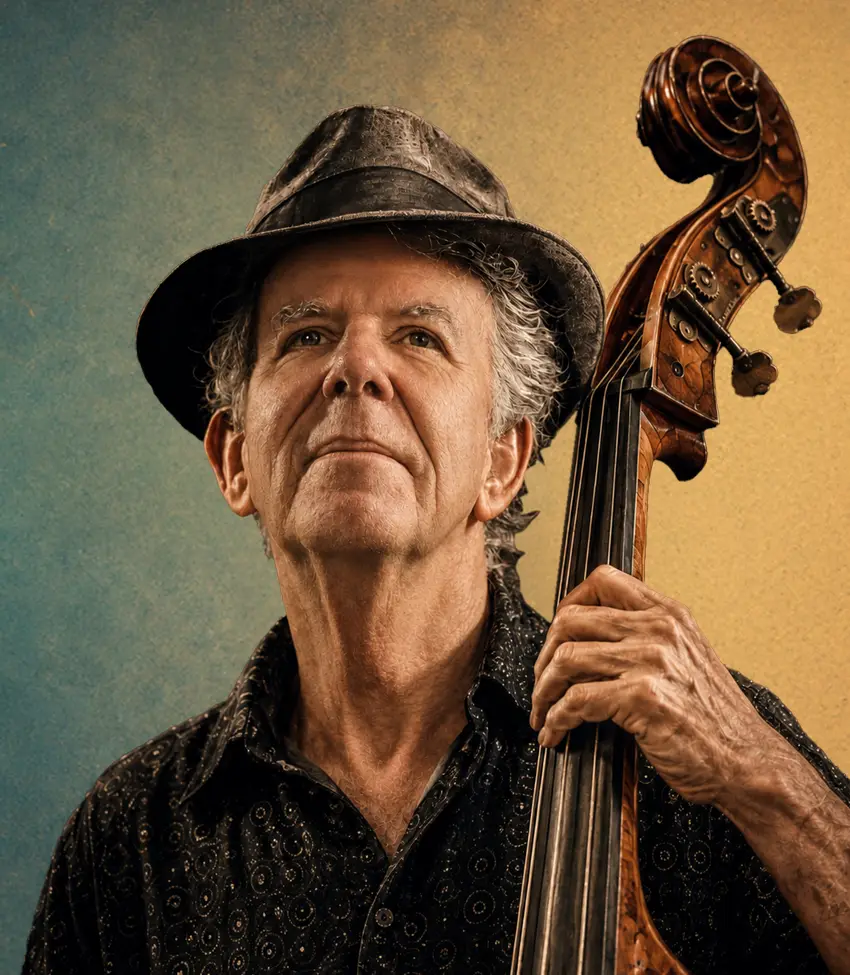 Tim Finnigan front on with an old doublebass
